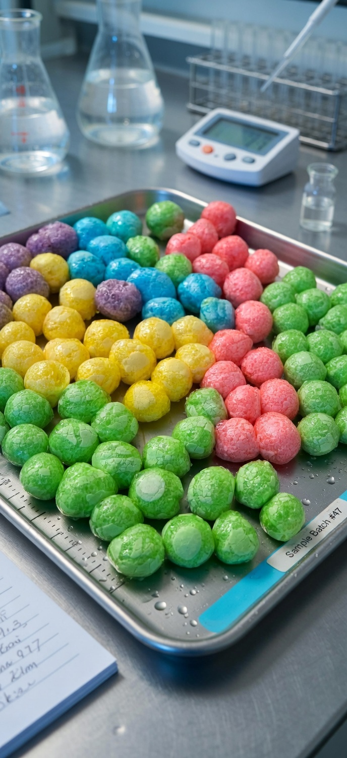 Sour Singularity – Freeze-dried Warheads spheres under lab observation